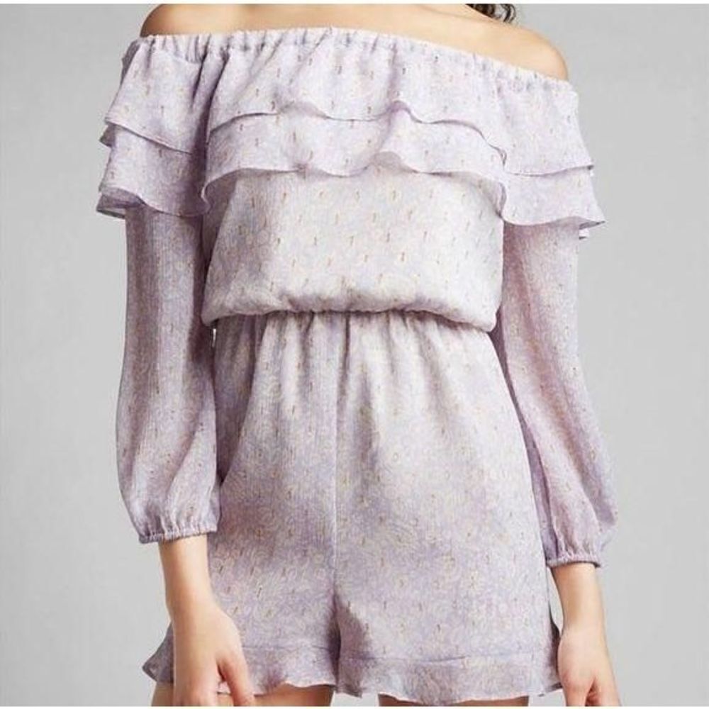 Express purple lilac gold off the shoulder chiffon lightweight romper large new